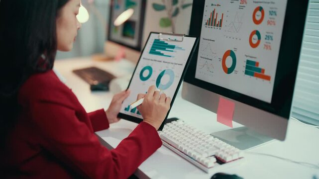 Businesswoman in red suit is sitting at her desk and analyzing financial data on a computer screen. She is holding a pen and pointing at the screen