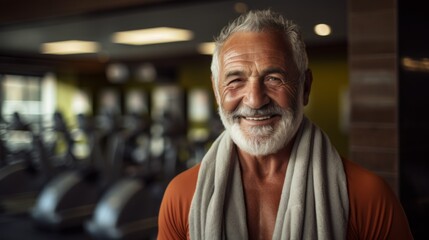A smiling older man with a beard in a gym, wearing a towel around his neck, exuding confidence and fitness during a workout session in an inviting environment