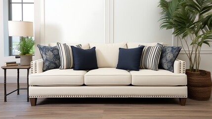 White sofa with blue and white patterned pillows in a modern living room.