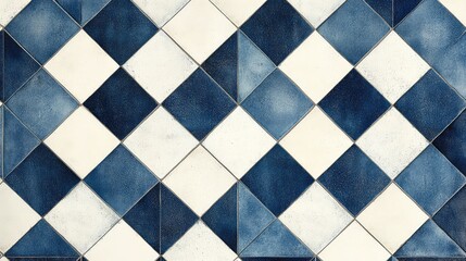 Fototapeta premium Diamond-shaped tiles in navy and white, arranged in a repeating geometric pattern that creates a sense of depth and motion.