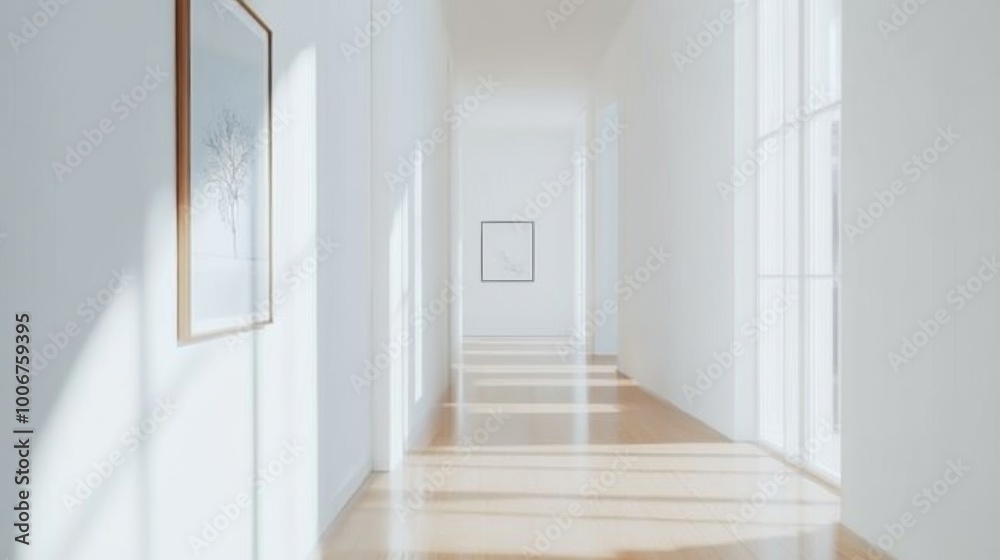 Poster a unique perspective of a hallway in a minimalist home, highlighting the simplicity of the design wi