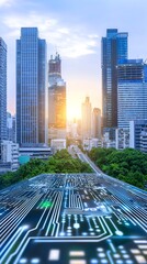 A city skyline at sunset with a digital circuit design in the foreground, symbolizing the fusion of technology and urban life.