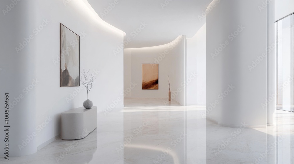 Poster a unique perspective of a hallway in a minimalist home, highlighting the simplicity of the design wi