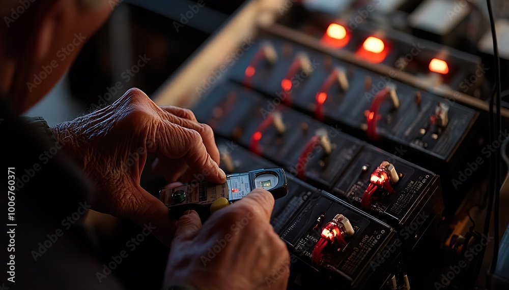 Poster Engineer Checking Energy Flow of Storage Battery with Multimeter