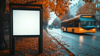 Obraz premium A bus stop with an empty advertising billboard in an urban setting with fallen leaves on the ground and a bus passing by in the background