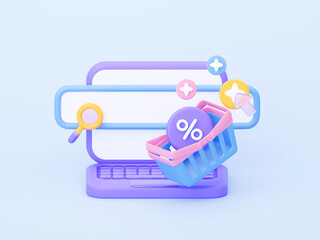 Laptop with search infographic, shopping basket, and percent sign. Online commerce concept. Searching for good deals. 3D rendering illustration for web articles, online schools, and e-commerce.