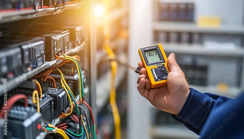 Poster Engineer Checking Energy Flow of Storage Battery with Multimeter