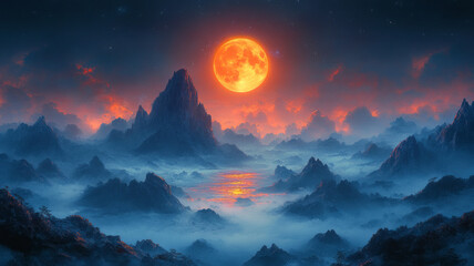 Traditional Chinese ink landscape painting,