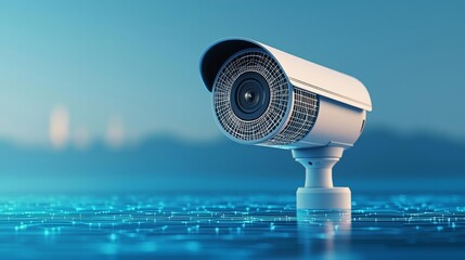 Tech-inspired wireframe security camera, floating on a blue digital ocean, ideal for themes of monitoring and privacy