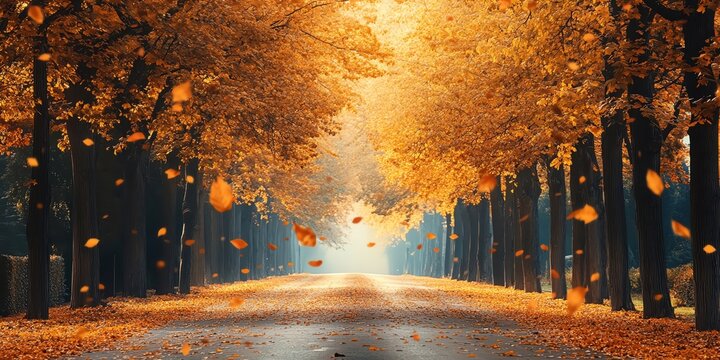Golden autumn leaves fall in a picturesque tree-lined path.