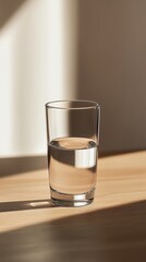  a simple drinking glass no liquid. On a plain table.Style cinmeatic. View from side observer