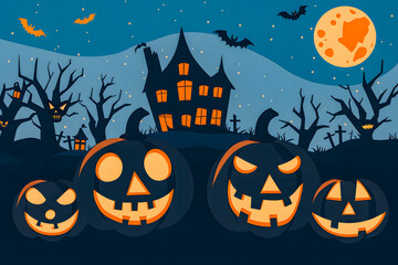 Fototapeta premium Illustration featuring Jack o' Lantern and castle silhouette at night, perfect for Halloween greetings or special Halloween sales promotions