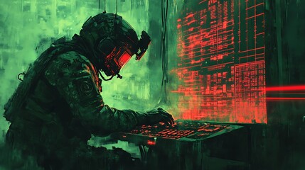 Cyberpunk soldier working at computer in a futuristic, neon lit setting.