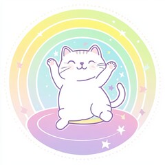 Fototapeta premium A happy kitten with big eyes raises its paws joyfully under a colorful rainbow. The playful scene exudes a sense of fun and wonder.