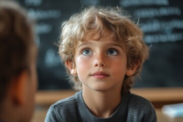 kid in classroom meeting the teacher with blackboard in the background 
