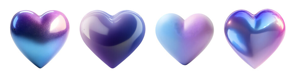 Four glossy hearts in gradient shades of blue and purple, evoking a dreamy and romantic mood.