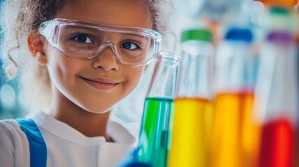 A young girl wearing safety goggles smiles while holding a colorful test tube in a bright laboratory filled with various beakers and vibrant liquids on a sunny day