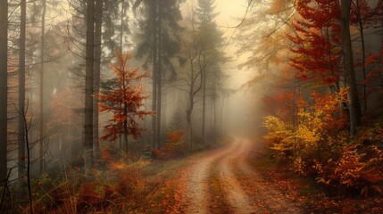 Fototapeta premium A Misty Path Through Autumnal Woods