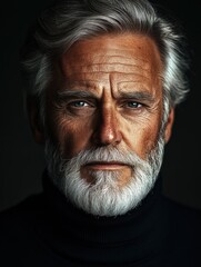 Fototapeta premium Close-up of a charismatic elderly man with a silver beard and hair, sharp gaze, wearing a black turtleneck