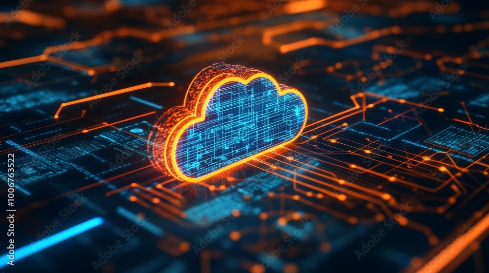 Poster futuristic depiction of cloud technology in a digital space, featuring glowing circuits and data flo
