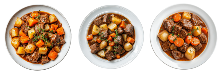 Beef Stew with Potatoes and Carrots in White Bowls.