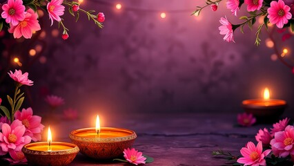 High-resolution photo of a Diwali celebration with vibrant pink flowers, traditional oil lamps, and a festive atmosphere, including copy space for a banner