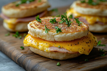 english muffin breakfast sandwich with egg, ham, and cheese on a rustic wooden board, a delicious morning delight