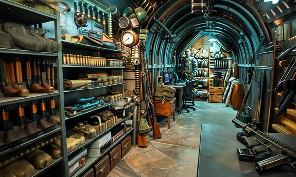 Dive into a unique underground armory showcasing an impressive collection of firearms and military equipment, all meticulously organized in a fascinating setting