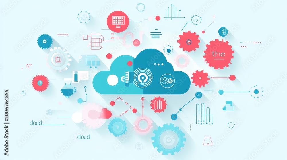 Poster this image features a cloud-centered design with gears, data icons, and abstract elements, symbolizi
