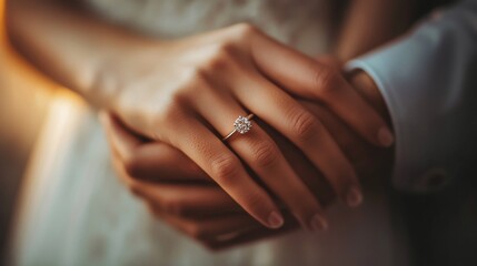 Obraz premium A couple's hands clasp together showcasing an elegant engagement ring in soft, romantic lighting during a sunset