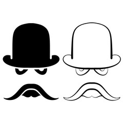Vintage silhouette of bowler, mustaches, glasses. Vector illustration of gentleman or hipster. Retro gentleman icon. Vector art. Logo template of gentleman Club.