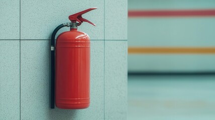 Obraz premium Emergency fire extinguisher mounted on a wall in a crowded shopping mall, safety measures in place, calm but prepared atmosphere, public safety