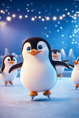Obraz premium Adorable 3D Cartoon Penguin Ice Skating with Friends in a Magical Winter Wonderland Scene