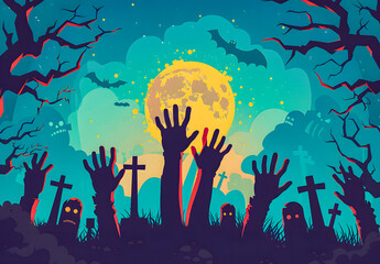 Halloween illustration with a hand rising from a grave under a full moon, perfect for Halloween greetings or themed promotions. Eerie night atmosphere with haunting elements