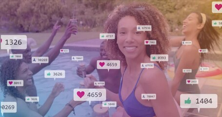 Social media likes and comments animation over people enjoying pool party