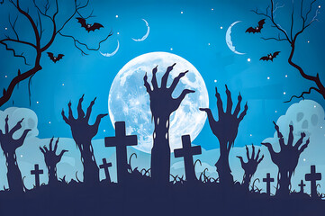 Halloween illustration with a hand rising from a grave under a full moon, perfect for Halloween greetings or themed promotions. Eerie night atmosphere with haunting elements