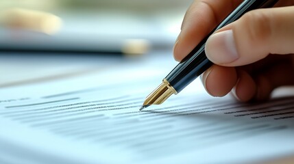 Hand holding a pen over a business plan document, strategic decision-making process. 