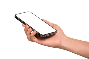 Hand holding smartphone isolated on white background. Concept for business finance, Technology concept, Product advertising concept and Marketing concept. High quality image for you.