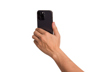Rear view hand holding smartphone isolated on white background. Concept for business finance, Technology concept, Product advertising concept and Marketing concept. High quality image for you.