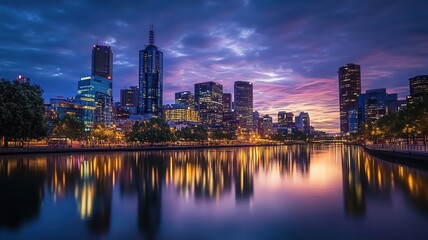Stunning cityscape at sunset with reflections on the water.