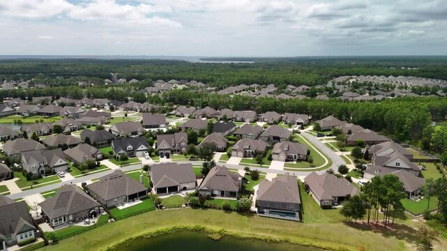 Luxury Houses In Neighborhood Of Freeport In Florida, USA. orbiting drone shot