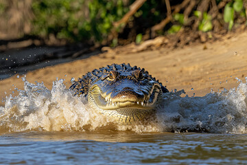 Obraz premium Crocodile emerging from the water onto a sandy bank