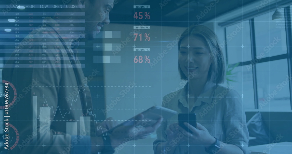 Wall mural Image of financial data processing over diverse business people in office