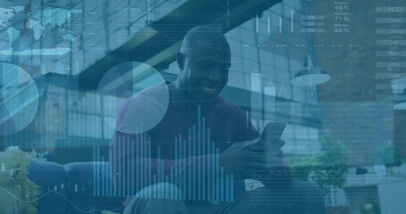 Image of financial data processing over african american businessman using smartphone