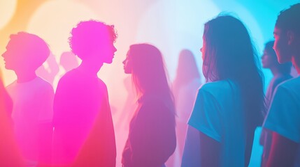Vibrant Group of Teenagers in Dynamic Setting with Cinematic Light and Minimalist Abstractions