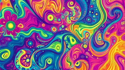 Vibrant abstract swirling patterns in bright colors creating an eye-catching visual display reminiscent of psychedelic art