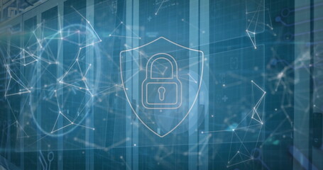 Image of padlock icon and digital data processing over computer servers