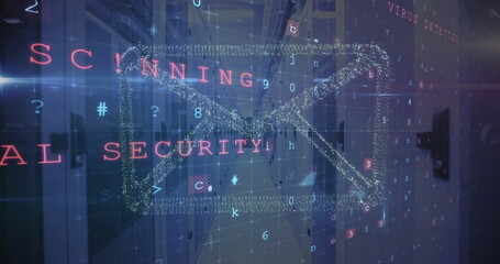 Image of virus warning and digital data processing over computer servers