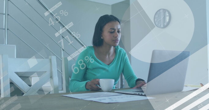 Image of financial data processing over biracial woman using laptop
