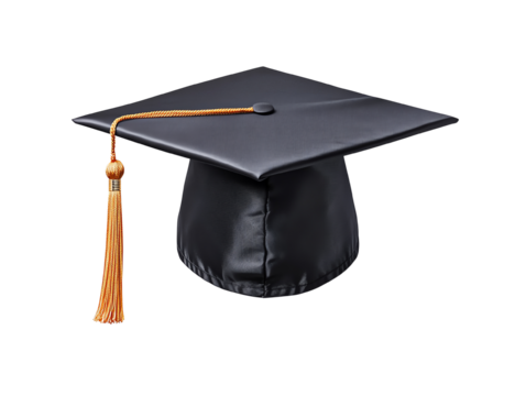 Black graduation cap with yellow tassel, white isolate background. transparent background